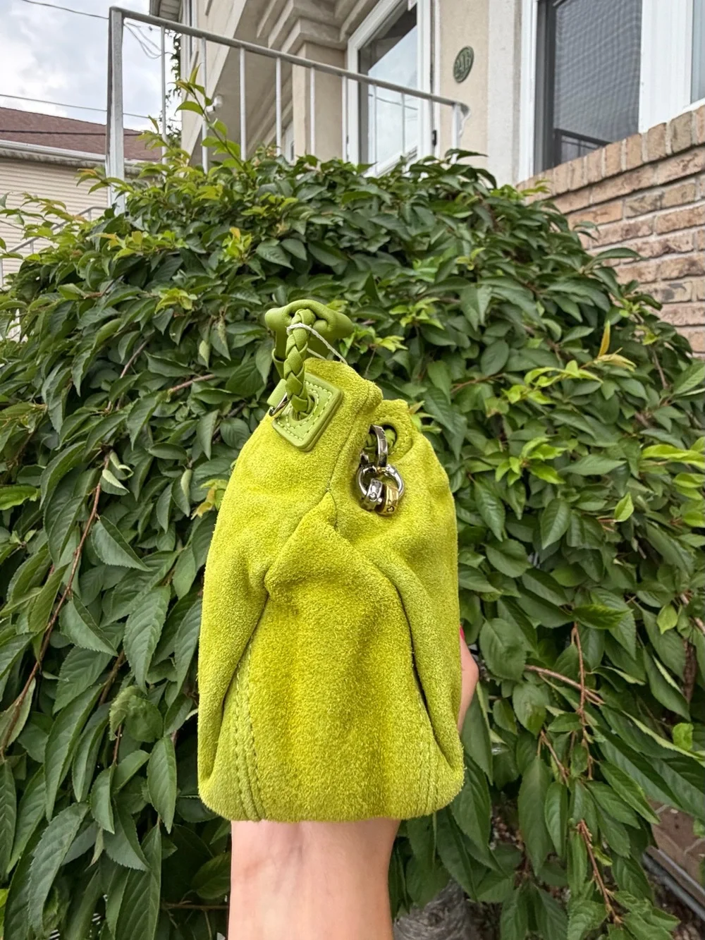 Lime Green Suede Bucket Bag Drawstring Crossbody Dumpling Cloud Pouch NWT